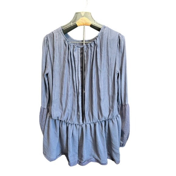 Free People Women Dusty Blue Swiss Dot Mesh Peplum Blouse Crochet Lace Trim Top - Picture 2 of 6